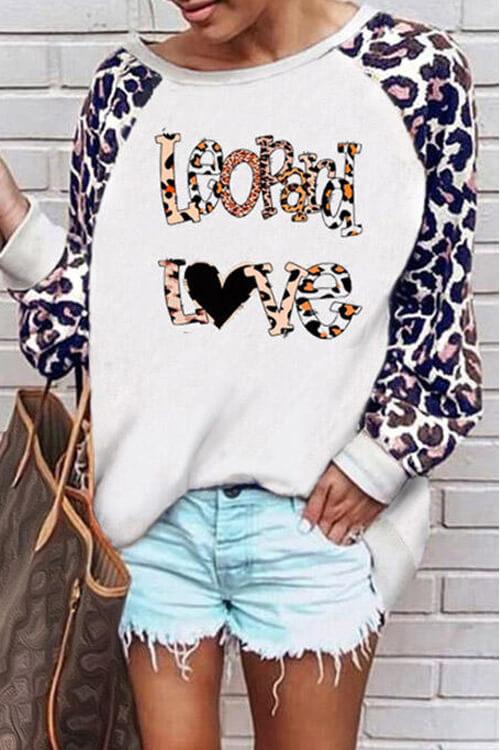 Leopard Love Print Leopard Splicing Round Neck Sweatshirt