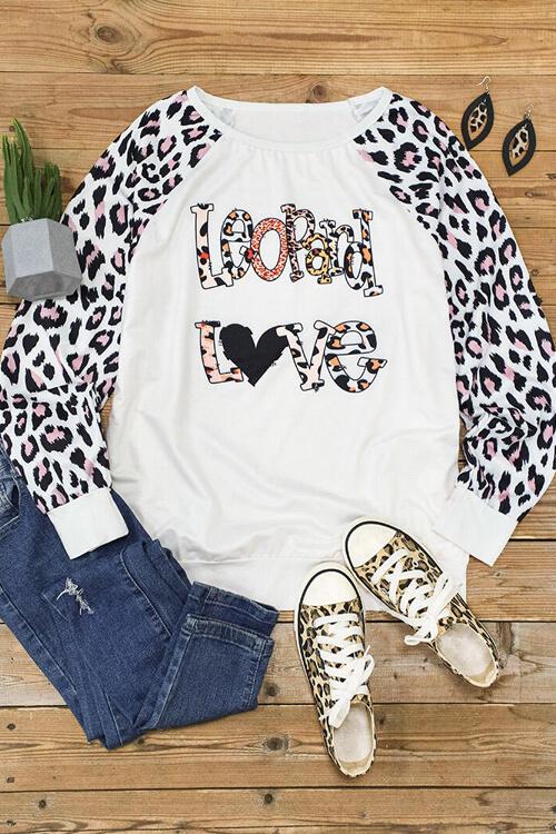 Leopard Love Print Leopard Splicing Round Neck Sweatshirt