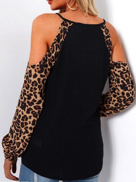 Leopard Stitching Long Sleeves Cold Shoulder Top