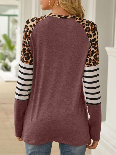 Leopard Stripe Stitching Raglan Sleeve T-shirt