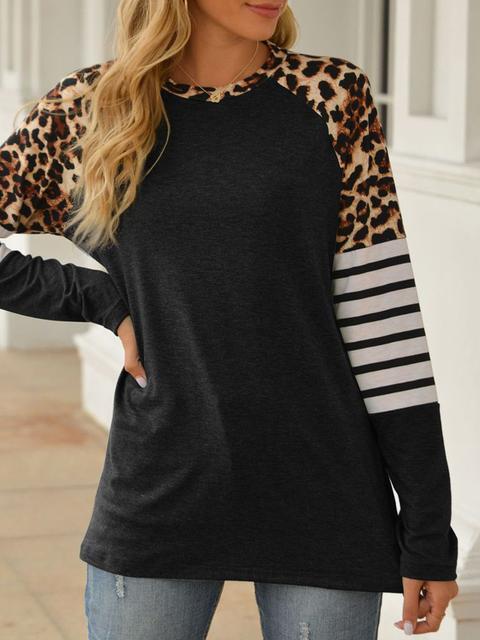 Leopard Stripe Stitching Raglan Sleeve T-shirt
