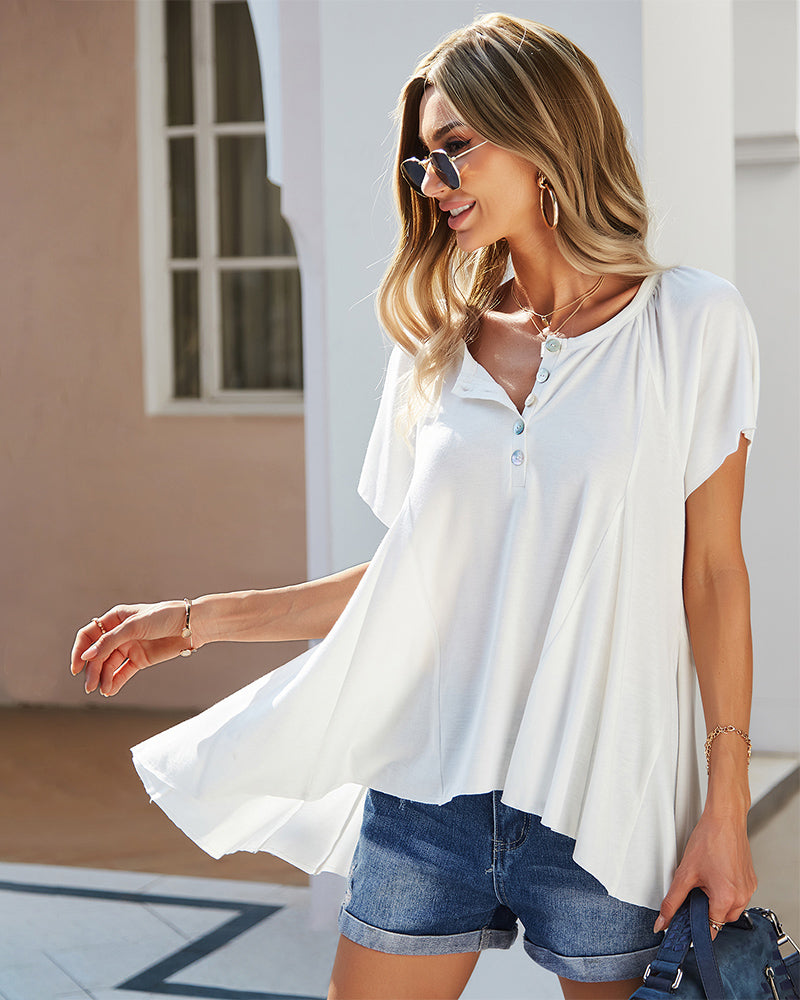 Short Sleeve Button Up Loose Blouse Top