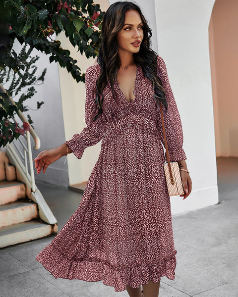 Deep V Neck Floral Long Sleeve Ruffle Hem Maxi Dress – Landing Closet