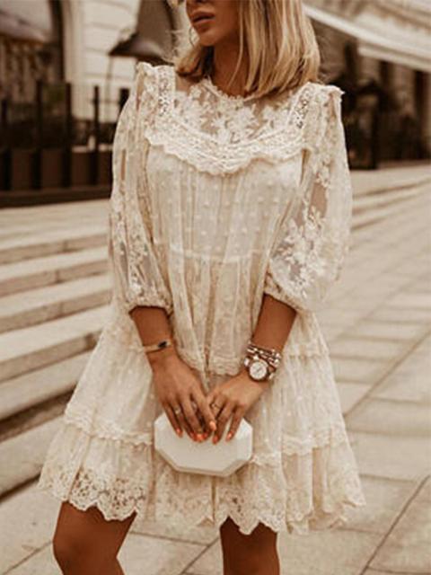 Casual Lace Ruffle Long Sleeve Mesh Mini Dress