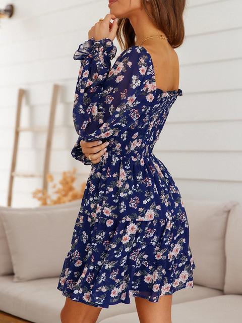 Floral Print High Waist Long Sleeve Mini Dress
