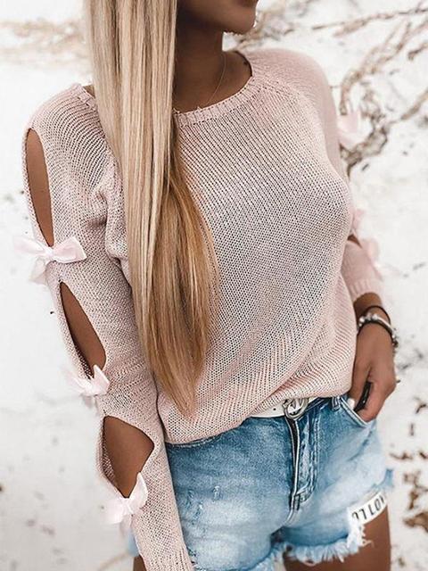 Solid Hollow Bow Long Sleeve Knit Sweater