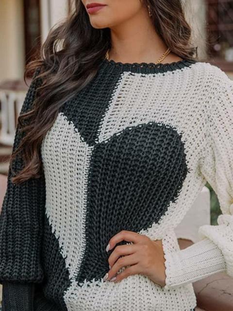 Casual Heart Color Block Knit Sweater