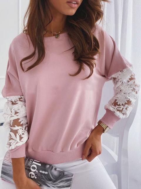 Color Block Lace Round Neck Long Sleeve Sweatshirt