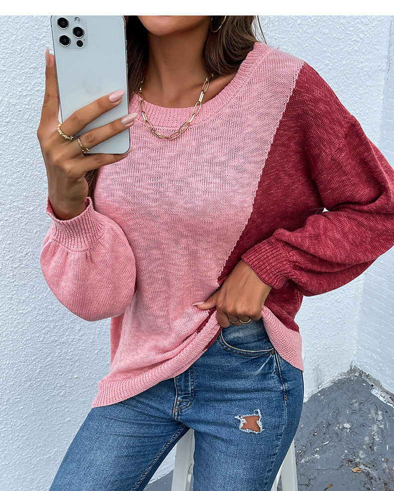 Round Neck Color Block Casual Sweater