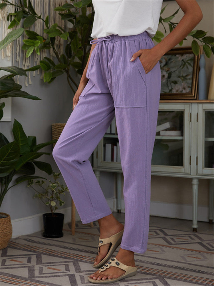 Draw String High Waist Solid Color Pants