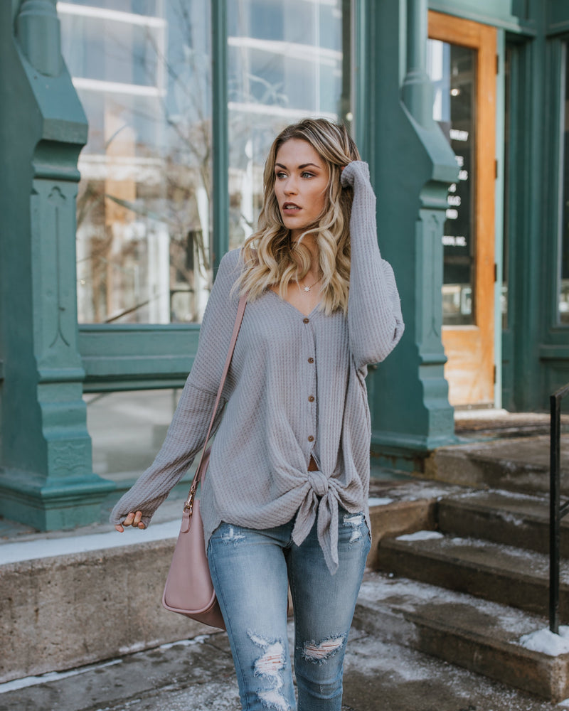 Grey Knotted V-neck Long Sleeved Button Sweater