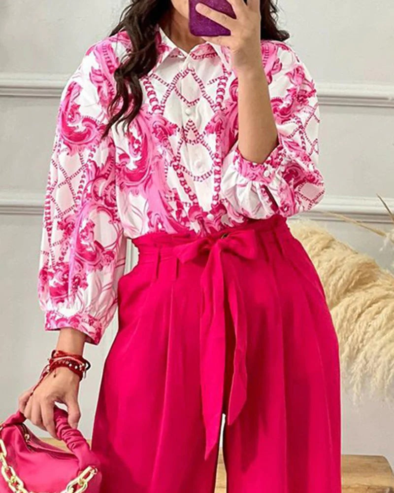 Two Piece Outfit Long Sleeve Print Blouse Top and Wide Pant Set