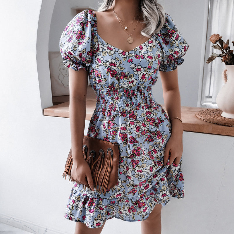 Floral Short Sleeve Elastic Waist Mini Dress