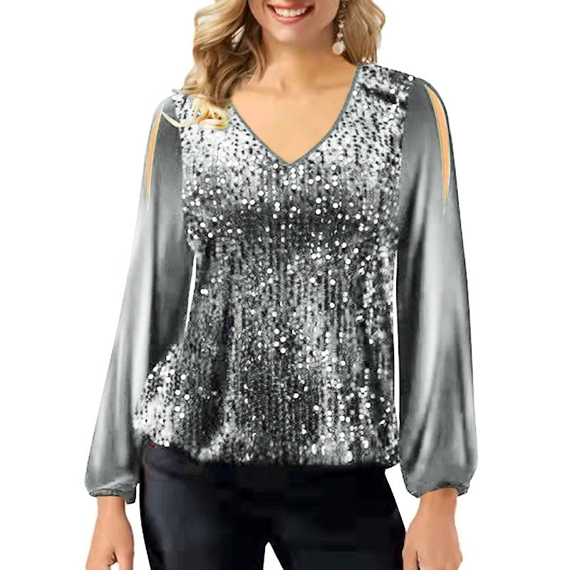 Casual V Neck Long Sleeve Sequins Blouse Top