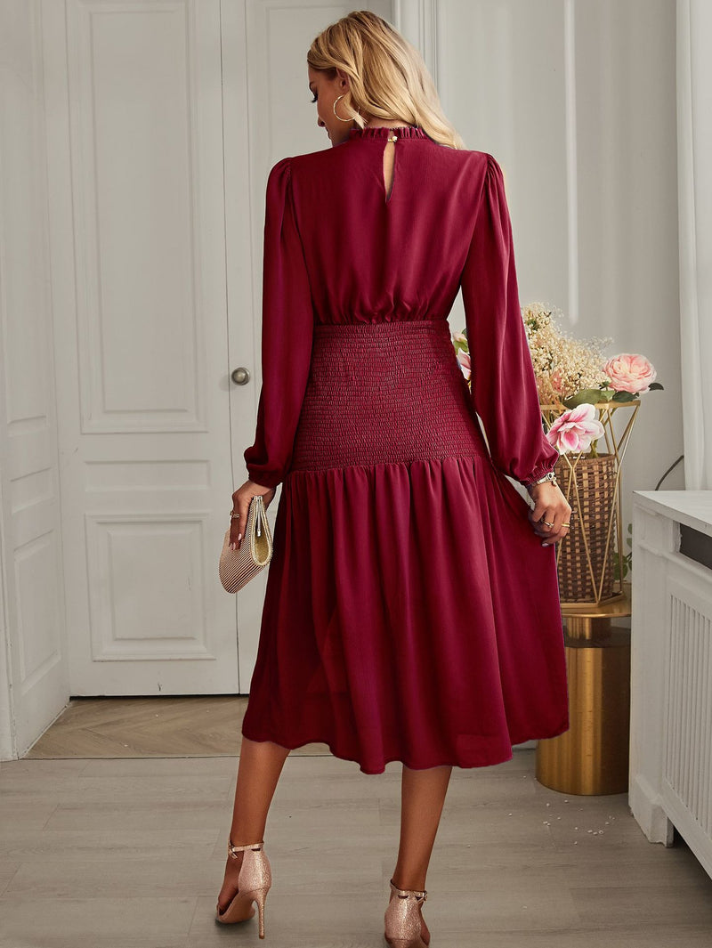 Elegant O-Neck Long Sleeve Solid Split Midi Dress