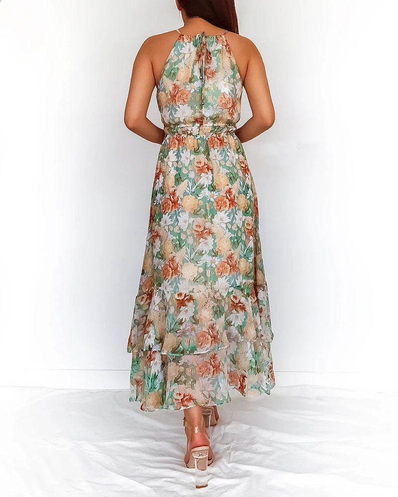 Fashion Sleeveless O-Neck Floral Printed Maxi Dress