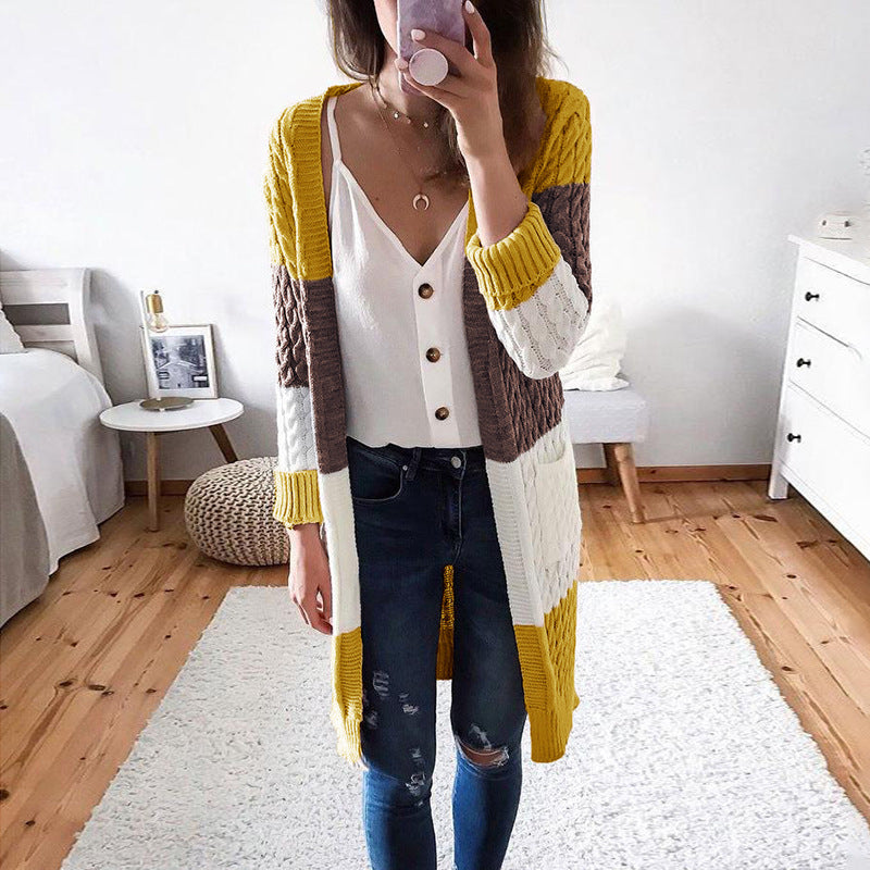 Chain Knit Knee Length Open Front Cardigan
