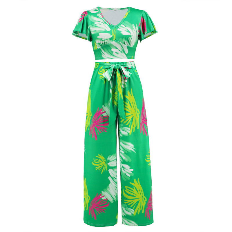 Two Piece Printed Crop Top and Belted High waist wide Pants Set