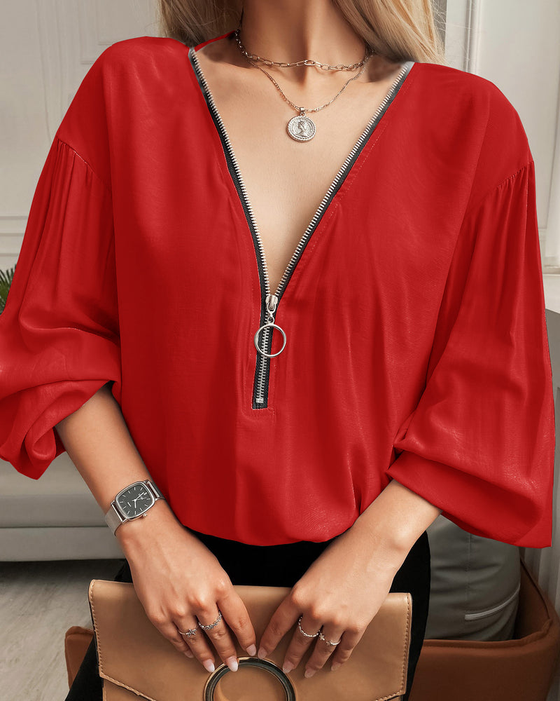 Zip Up Short Sleeve Solid Color Blouse Top