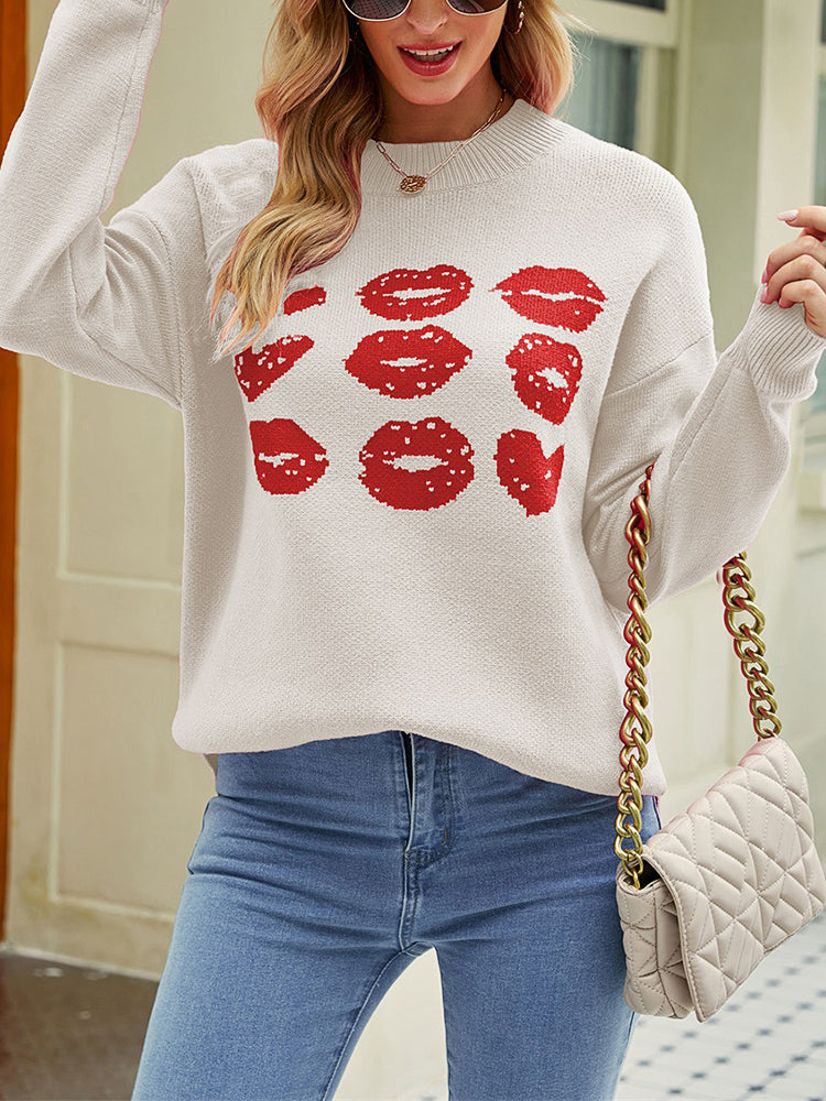 Women's Sweaters Knitted Love Lips Printed Long Sleeved Sweater