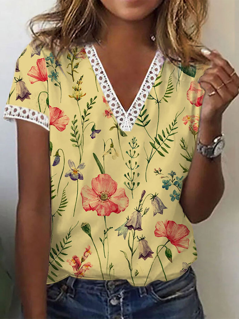 Fashion V-Neck Short Sleeve Floral Print Top Blouse