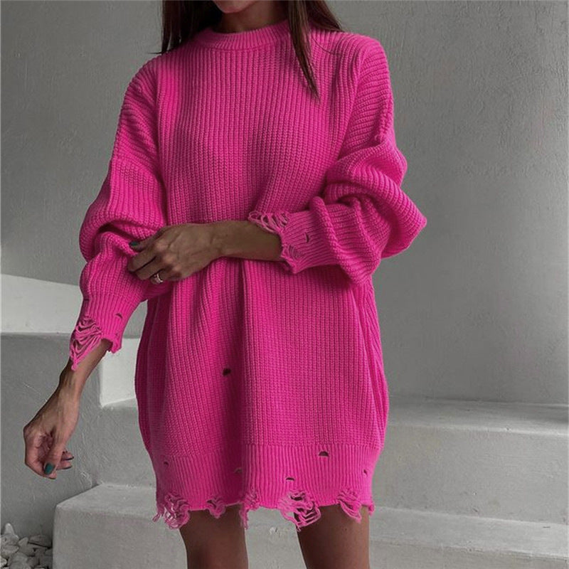 Chain Knitted Round Neck Solid Color Sweater