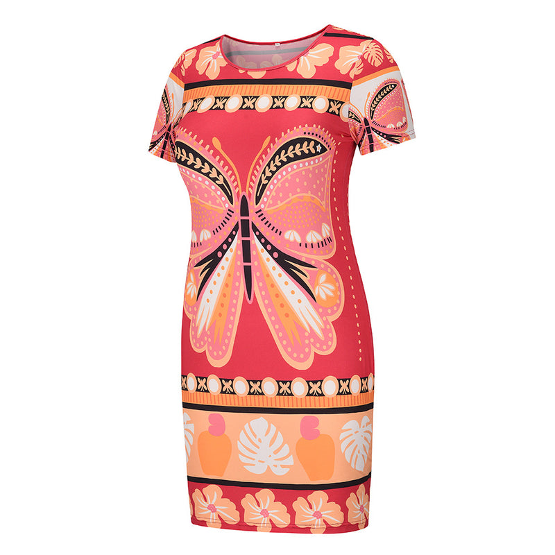 Butterfly Print Short Sleeve Round Neck Mini Dress