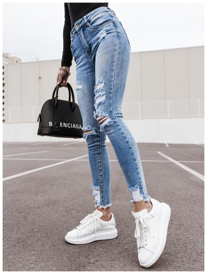 Casual Zip Up Ripped Skinny Destroyed Denim Jean Pants