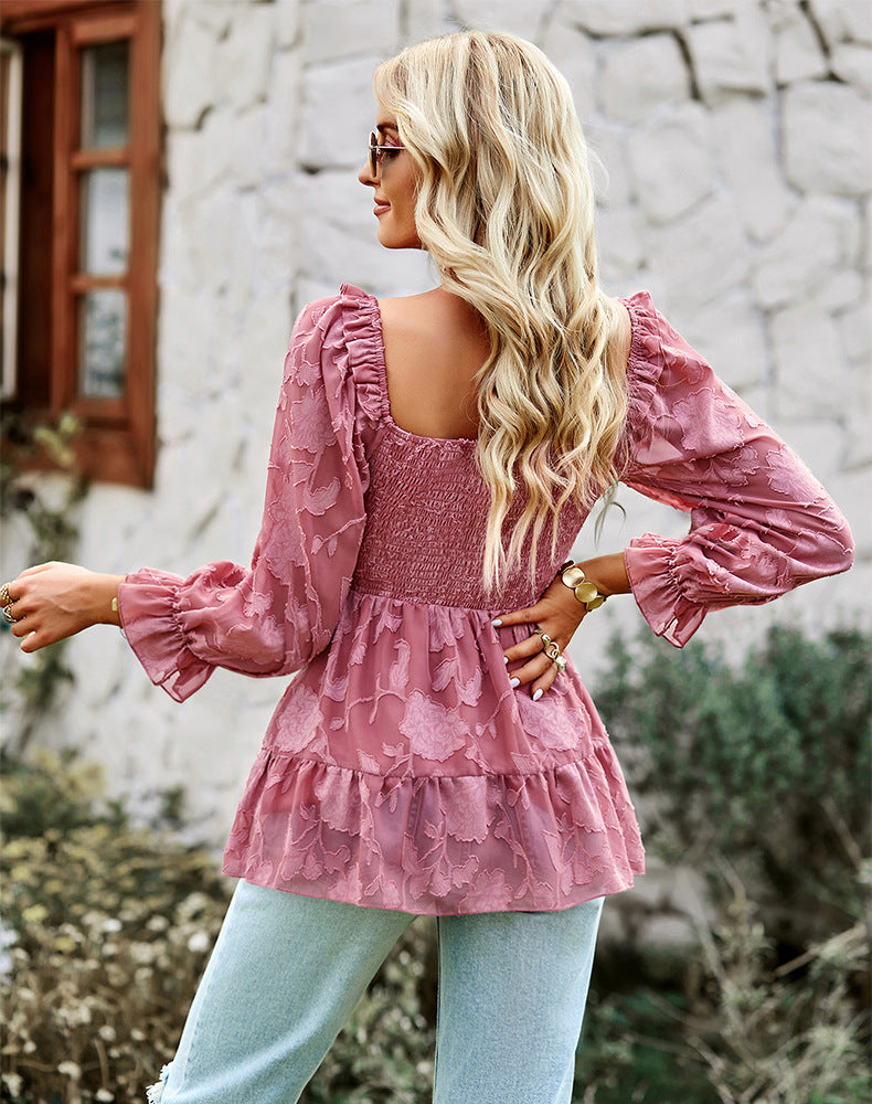 Square Neck Ruffle Long Sleeve Solid Blouse