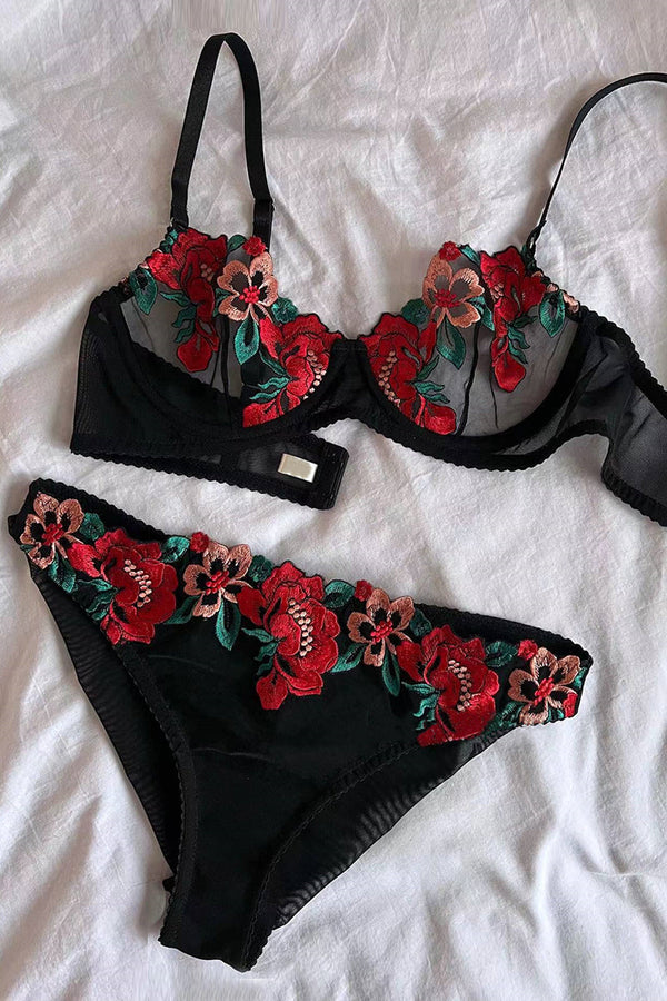 Flower Embroidered Mesh Lingerie Set