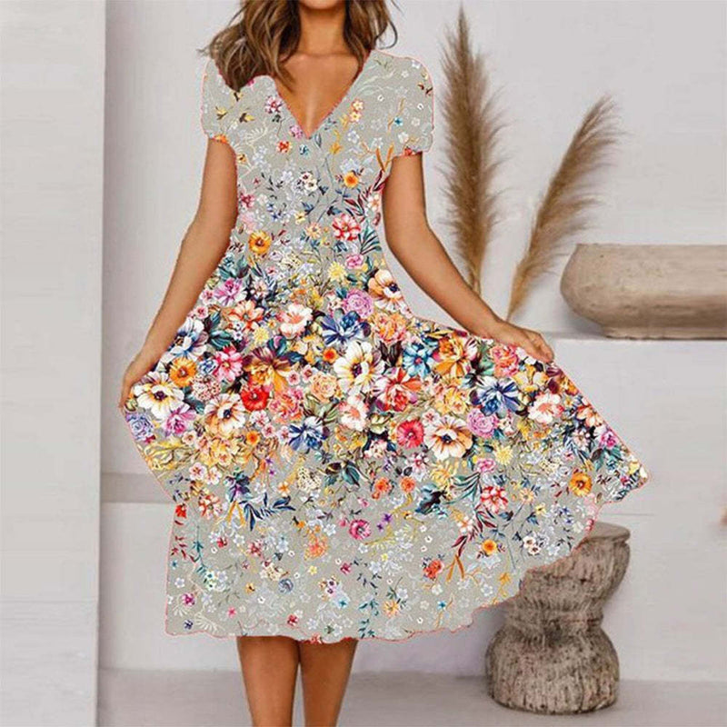 V-Neck Short Sleeve Floral Print Flared Midi Dress