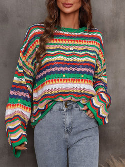 Women's Sweaters Hollow Stripe Long Sleeve Round Neck Sweater