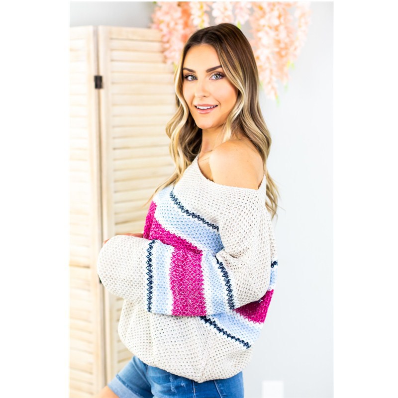Off Shoulder Cable Knit Color Block Sweater