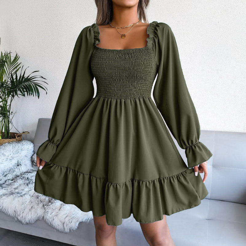 Square Neck Long Sleeve Solid Flared Mini Dress