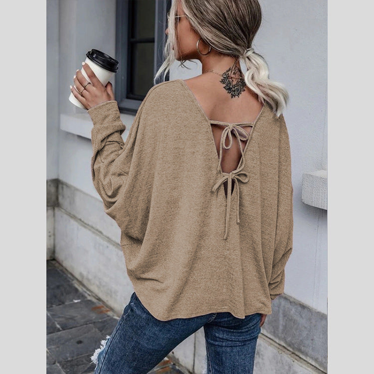 Fashion Round Neck Long Sleeve Solid Loose Blouse