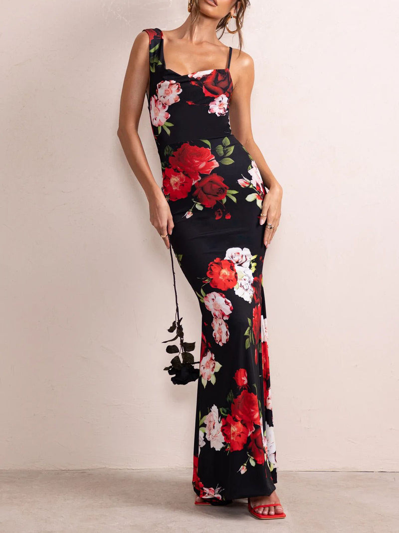 Elegant Sleeveless Round Neck Printed Mermaid Maxi Dress