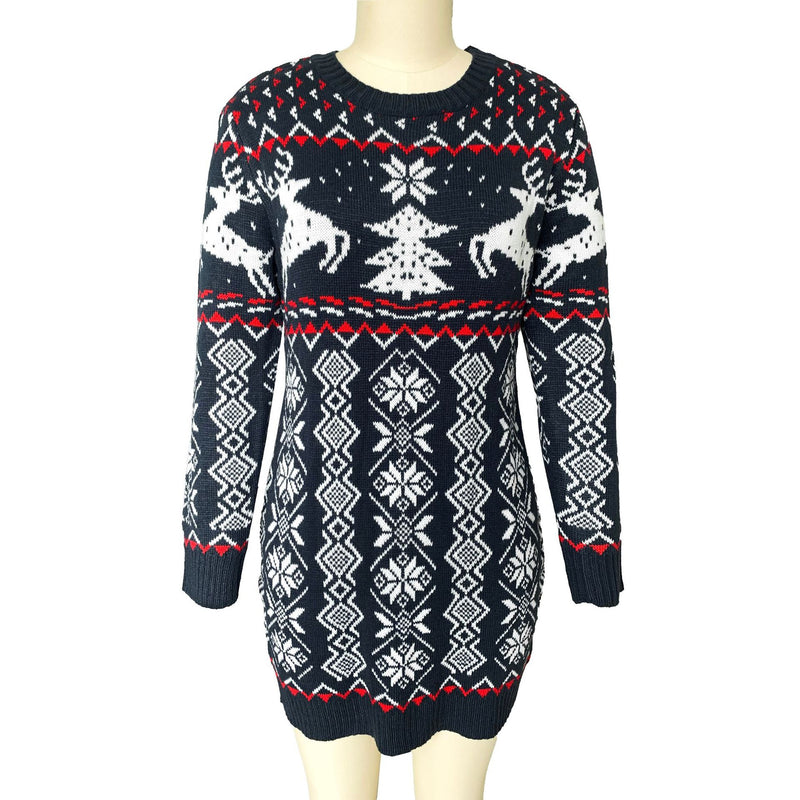 Knitted Christmas Print Crew Neck Long Sweater