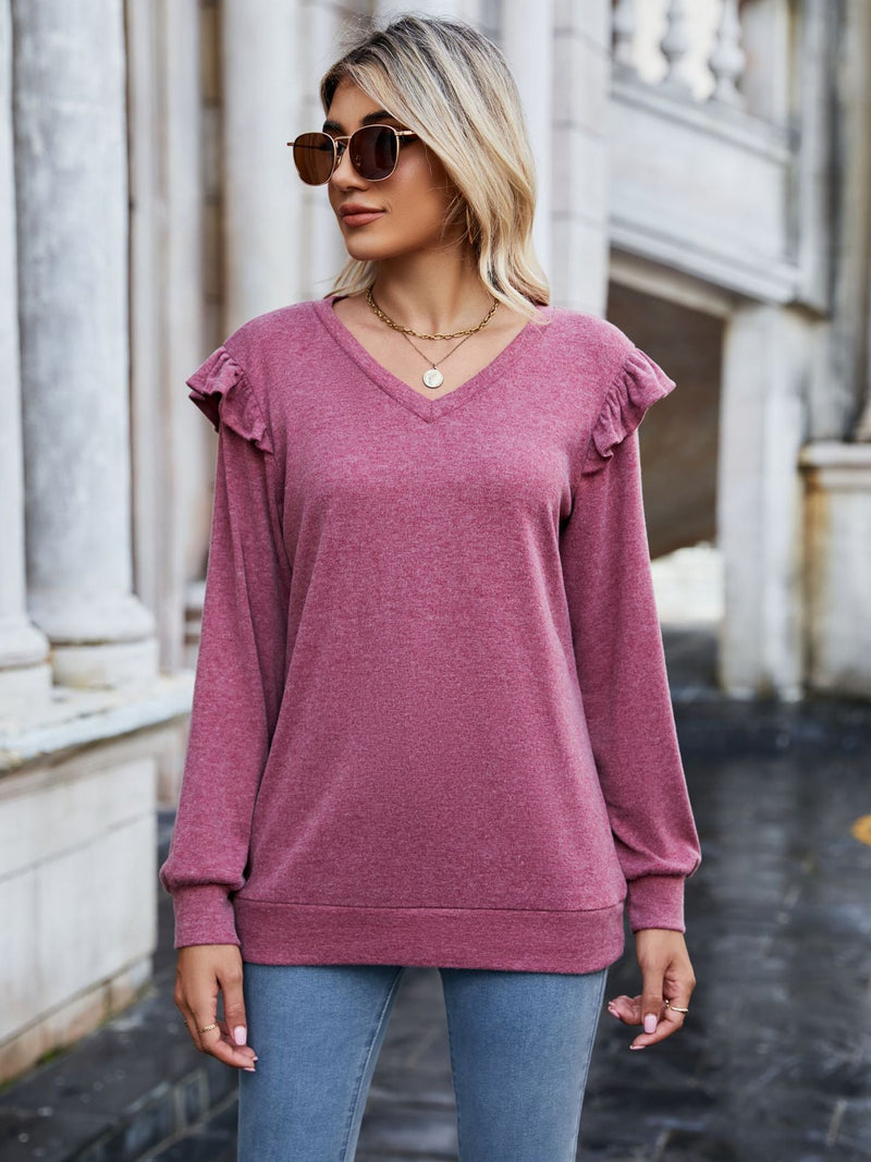 Casual Long Sleeve V-Neck Solid Color Sweat Top