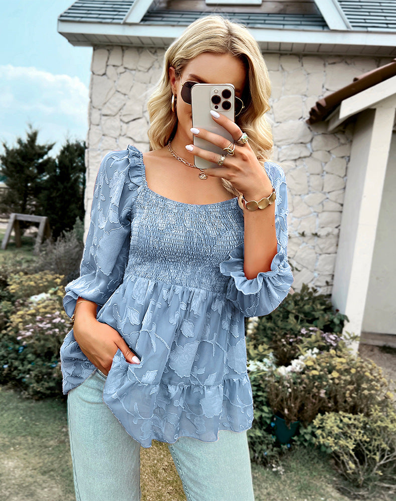 Square Neck Long Sleeve Printed Blouse Top