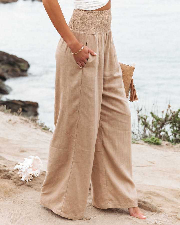 Casual High Waist Pocket Solid Loose Pant