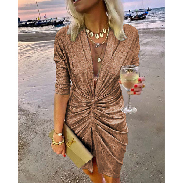 Deep V-Neck Long Sleeve Pleated Solid Mini Dress