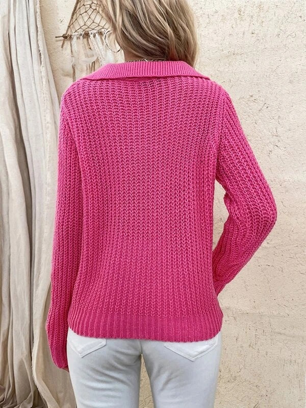 Collar V Neck Solid Color Knit Sweater Pullover