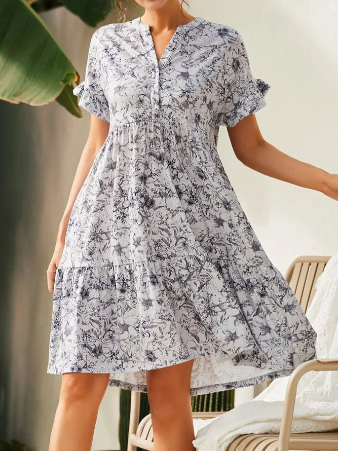 Casual Short Sleeve V-Neck Printed Loose Midi Dress