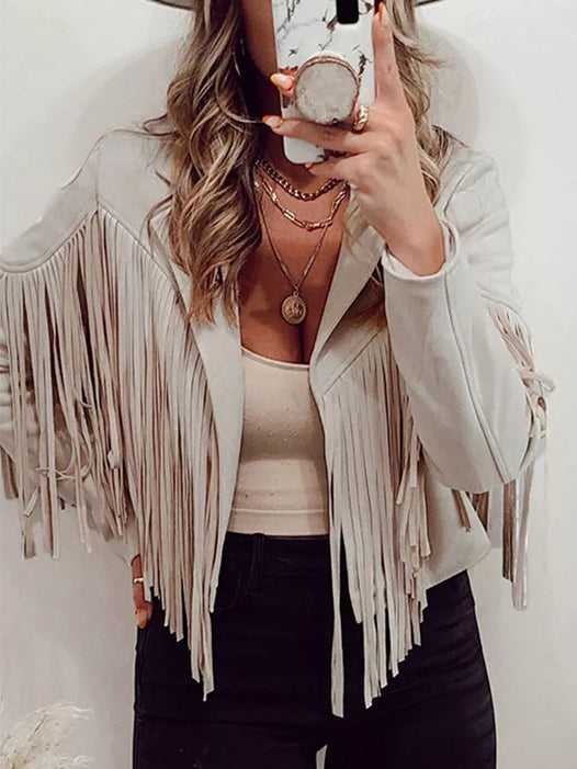 Turn Down Collar Fringed Leather Crop Jacket