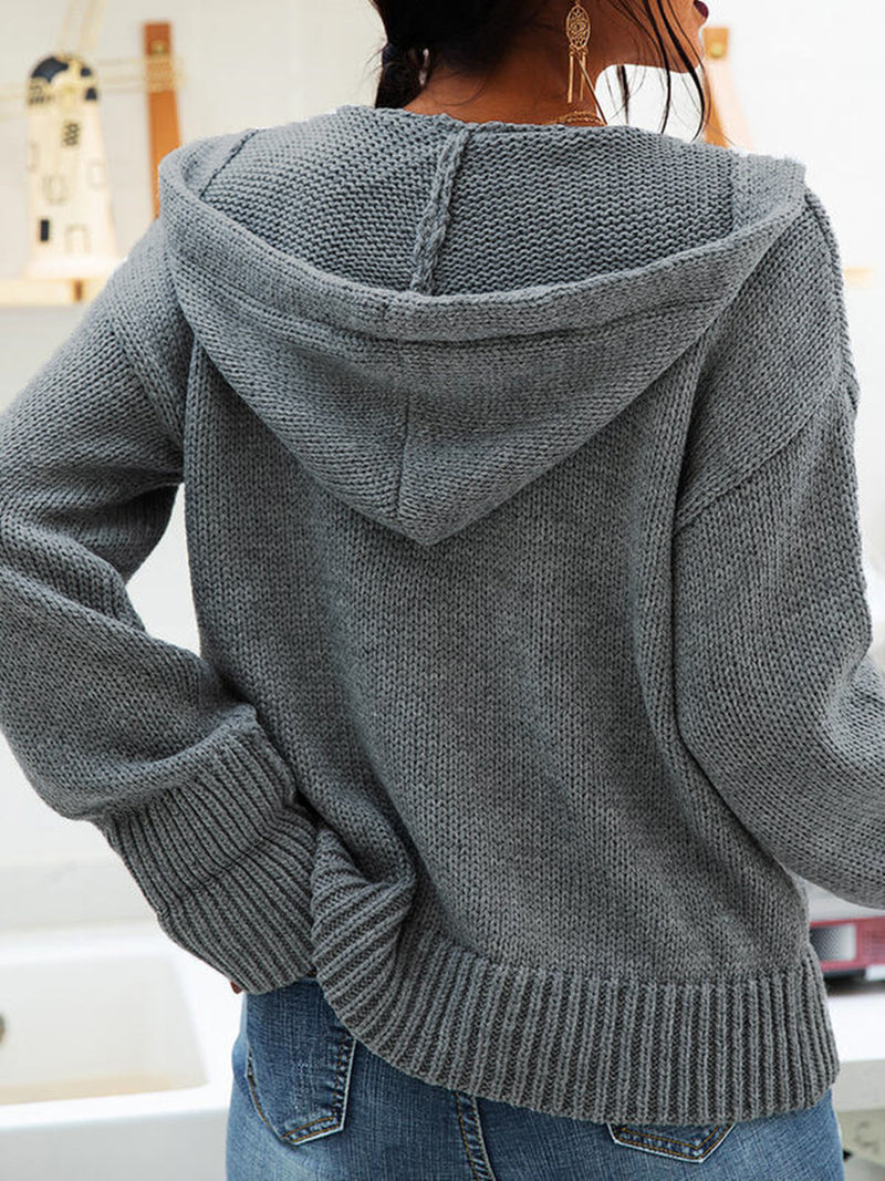 Button Closure Drawstring Hoodie Knit Sweater