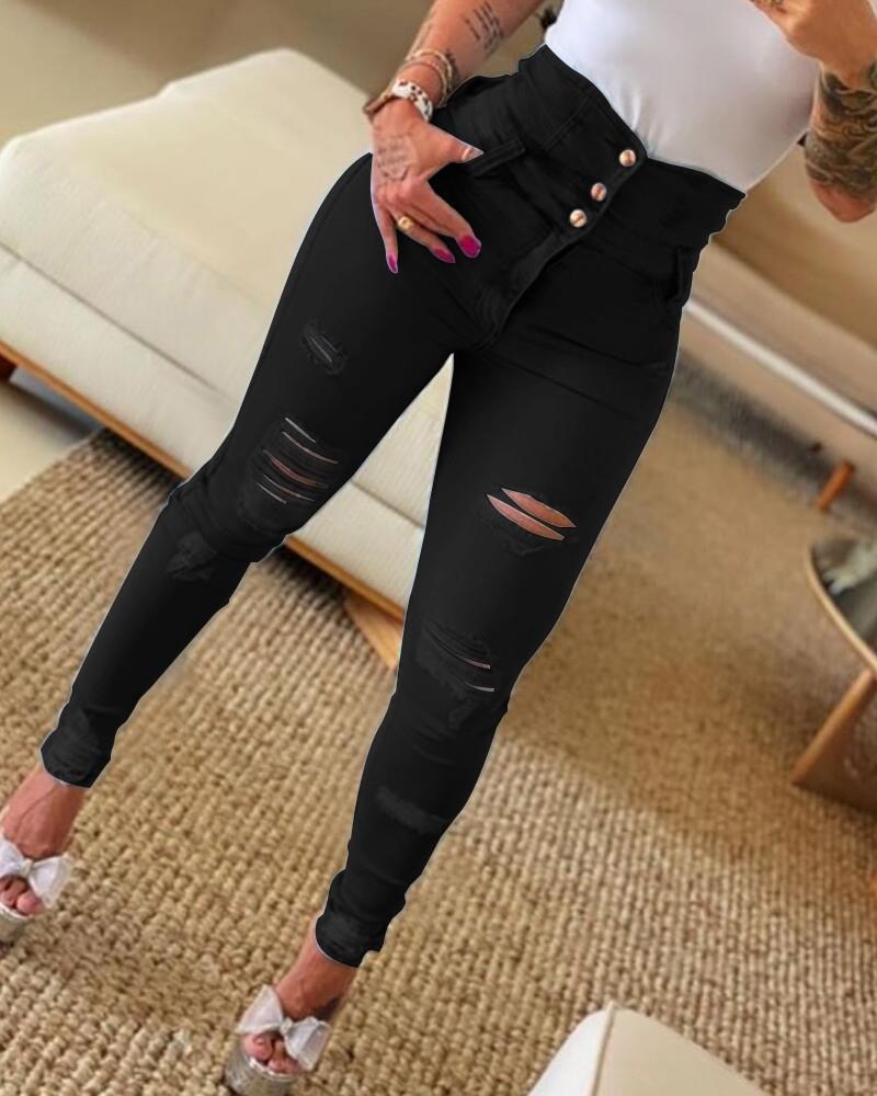 Sexy High Waisted Stretchy Ripped Denim Pants