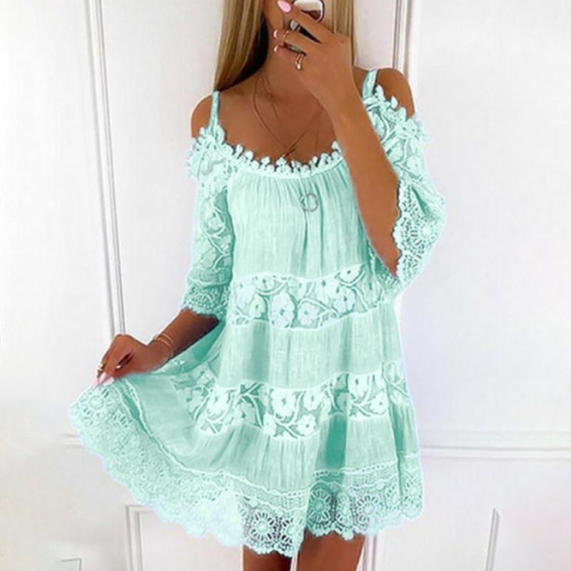 Fashion Cold Shoulder Lace Lined Mini Dress