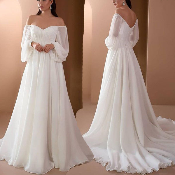 Off Shoulder Long Sleeve White Bridal Gown
