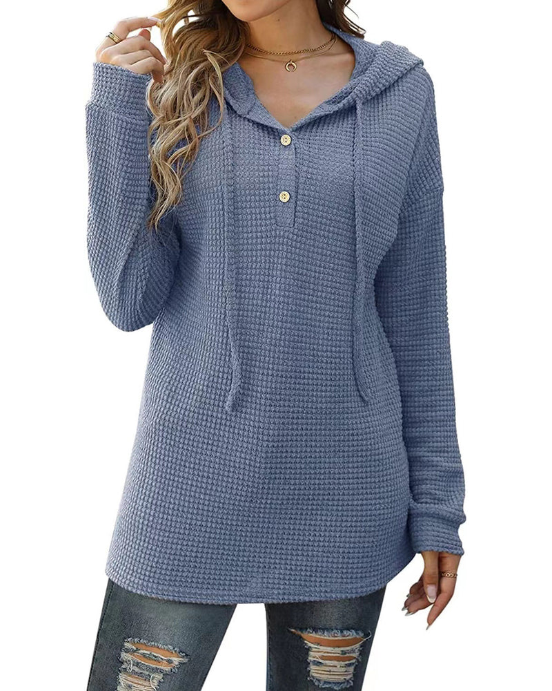 Drawstring Long Sleeve Button Up Hooded Sweatshirt