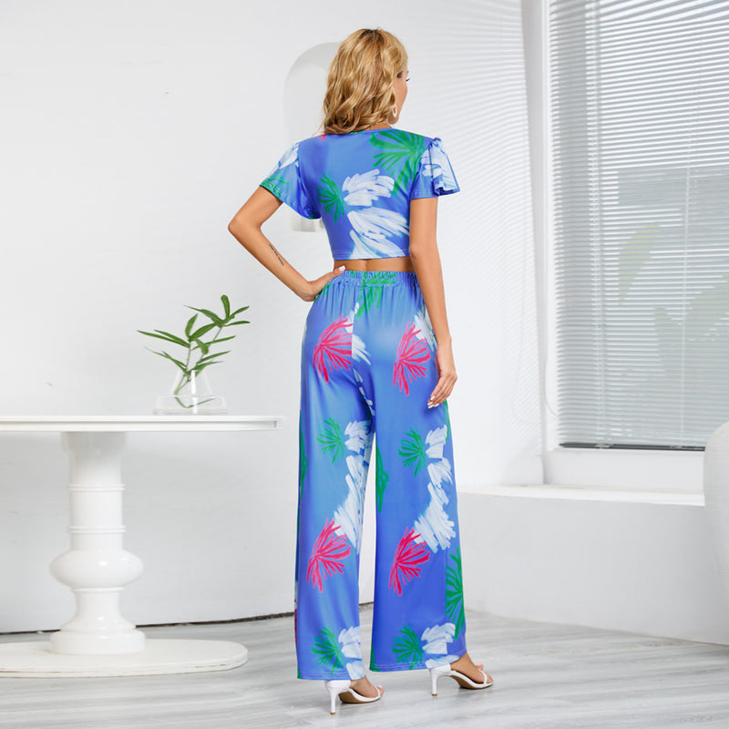 Two Piece Printed Crop Top and Belted High waist wide Pants Set
